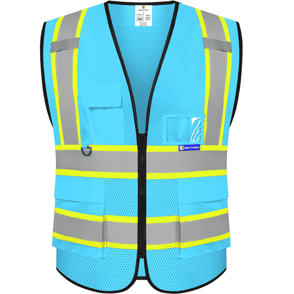 BeautyWill Class 2 High Visibility Safety Vest, 5 Pockets Reflective Work Vest with Zipper & ID Holder, ANSI/ISEA Compliant, Neon Construction Vest for Men Women, Adjustable Hi-Vis Workwear