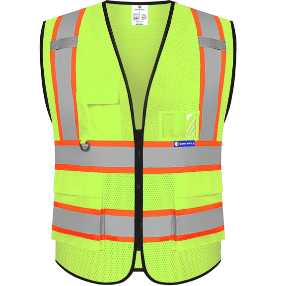 BeautyWill Class 2 High Visibility Safety Vest, 5 Pockets Reflective Work Vest with Zipper & ID Holder, ANSI/ISEA Compliant, Neon Construction Vest for Men Women, Adjustable Hi-Vis Workwear