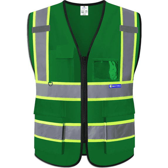 BeautyWill Class 2 High Visibility Safety Vest, 5 Pockets Reflective Work Vest with Zipper & ID Holder, ANSI/ISEA Compliant, Neon Construction Vest for Men Women, Adjustable Hi-Vis Workwear
