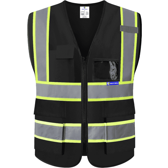BeautyWill Class 2 High Visibility Safety Vest, 5 Pockets Reflective Work Vest with Zipper & ID Holder, ANSI/ISEA Compliant, Neon Construction Vest for Men Women, Adjustable Hi-Vis Workwear