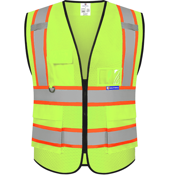 BeautyWill Class 2 High Visibility Safety Vest, 5 Pockets Reflective Work Vest with Zipper & ID Holder, ANSI/ISEA Compliant, Neon Construction Vest for Men Women, Adjustable Hi-Vis Workwear