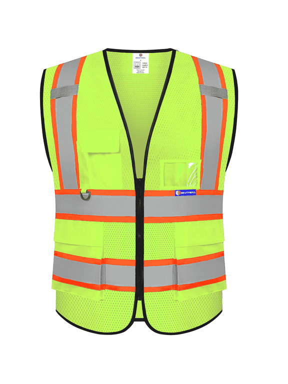 Class 2 High Visibility Safety Vest, 5 Pockets Reflective Work Vest with Zipper & ID Holder, ANSI/ISEA Compliant, Neon Construction Vest for Men Women, Adjustable Hi-Vis Workwear