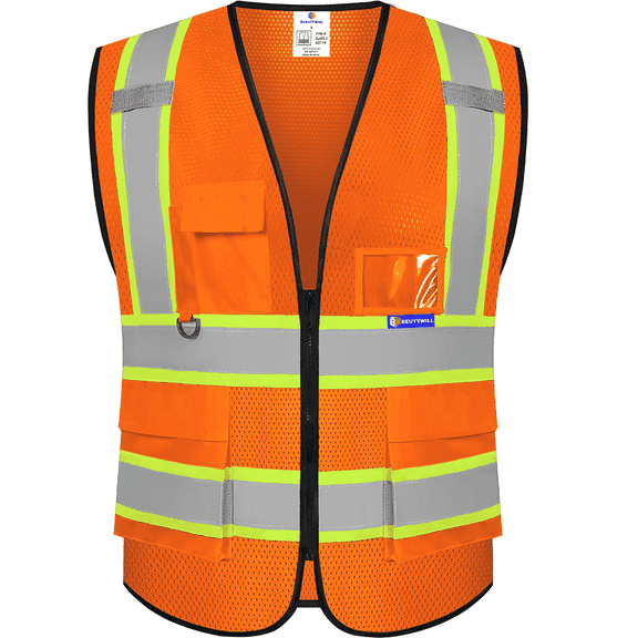 BeautyWill Class 2 High Visibility Safety Vest, 5 Pockets Reflective Work Vest with Zipper & ID Holder, ANSI/ISEA Compliant, Neon Construction Vest for Men Women, Adjustable Hi-Vis Workwear