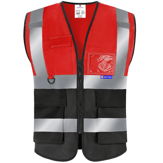 BeautyWill Class 2 High Visibility Safety Vest, 5 Pockets Reflective Work Vest with Zipper & ID Holder, Red Black for Construction Work