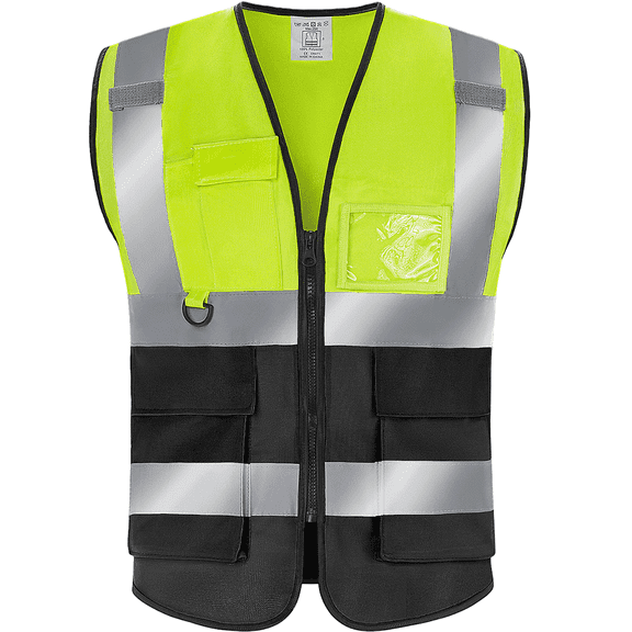 BeautyWill Class 2 High Visibility Safety Vest, 5 Pockets Reflective Work Vest with Zipper & ID Holder, Yellow Black for Construction Work