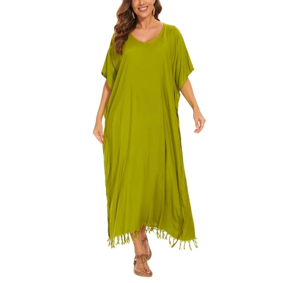 Beautybatik Avocado green Women Solid Caftan Kaftan Loungewear Maxi Plus Size Long Loose Dress XL