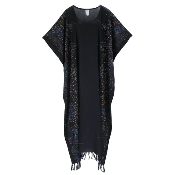 Beautybatik Black Boho Flora Printed Women Plus Size Kaftan Kimono Loungewear Maxi Long Dress 4X