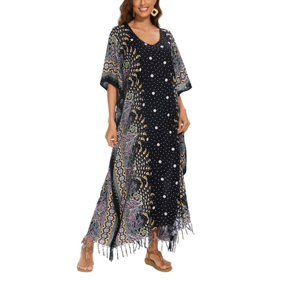 Beautybatik Black Boho Flora Printed Women Plus Size Kaftan Kimono Loungewear Maxi Long Dress 4X