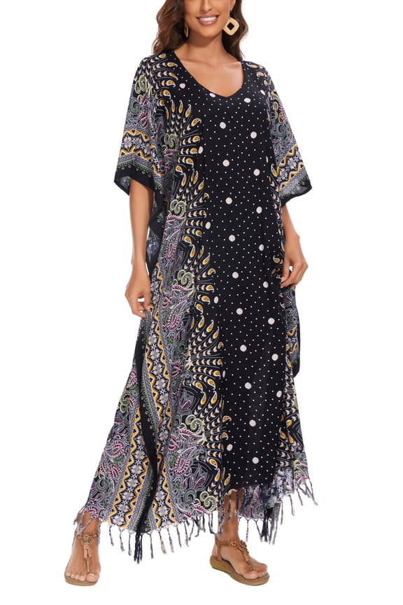 Black Boho Flora Printed Women Plus Size Kaftan Kimono Loungewear Maxi Long Dress 4x