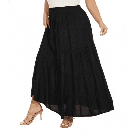 Beautybatik Black Women Boho Gypsy Summer Elastic Waist Renaissance Maxi Flowy Long Tiered Plus Size Skirt 2X