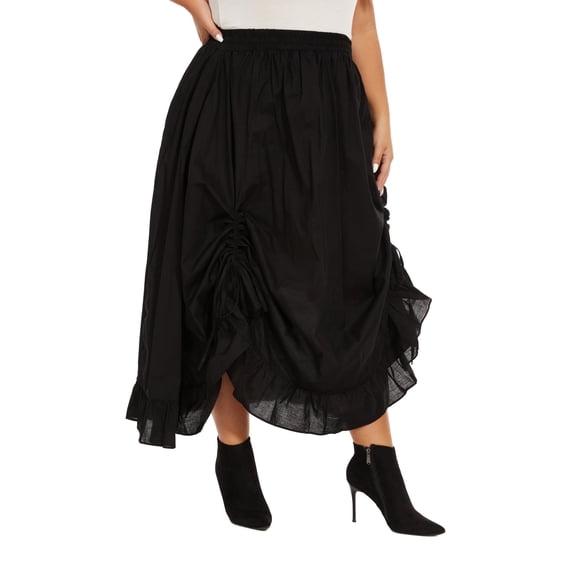 Beautybatik Black Women Plus Size Cotton Ruched Front Victorian Renaissance Medieval Maxi Ruffled Skirt With Pockets 2x