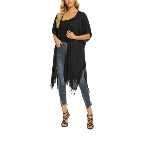 Beautybatik Black Women Long Solid Kimono Cardigan Shawl Wrap Swimsuit Cover Up Jacket One Size
