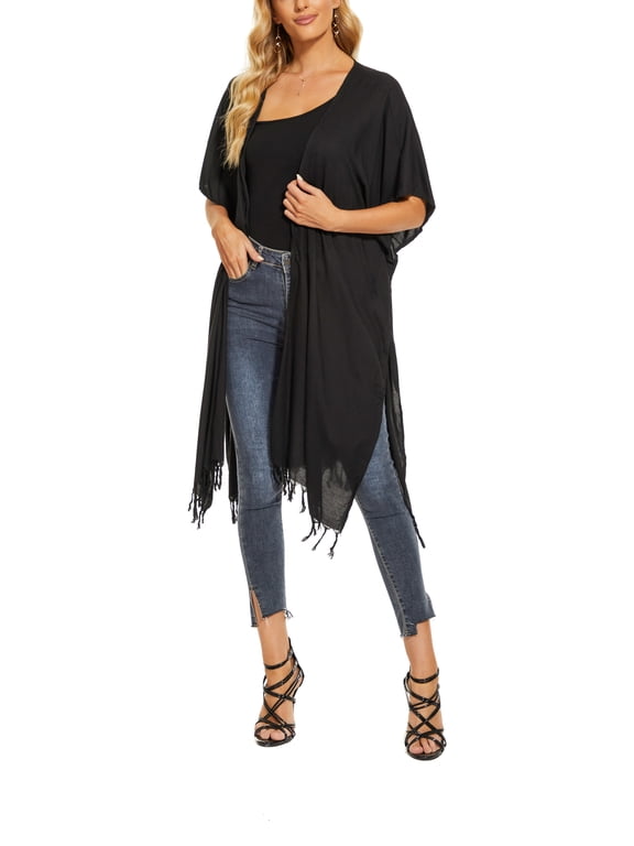 Black Women Long Solid Kimono Cardigan Shawl Wrap Swimsuit Cover Up Jacket One Size