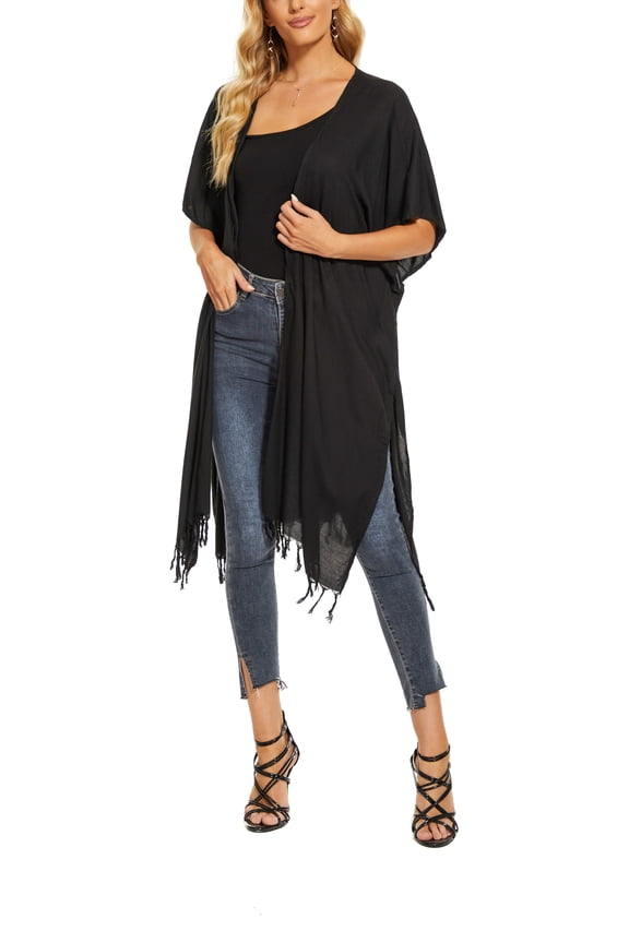 Black Women Long Solid Kimono Cardigan Shawl Wrap Swimsuit Cover Up Jacket One Size