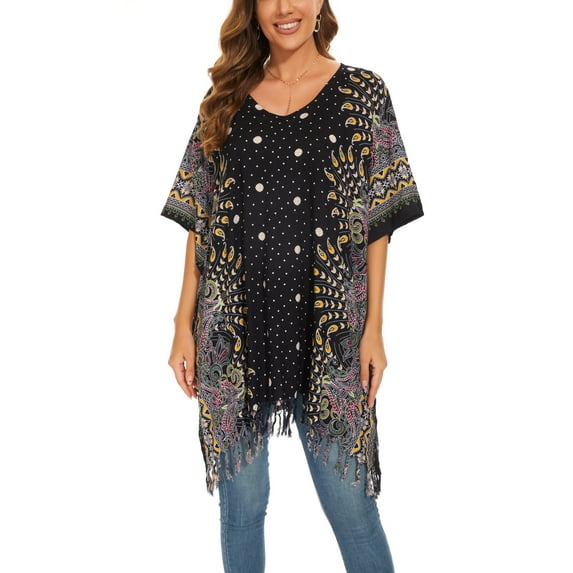 Beautybatik Black Women Plus Size Tunic Tops Boho Flora Printed Short Sleeve V neck Shirt 3X