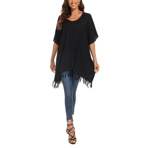 Beautybatik Black Women Solid Tunic Blouse Kaftan V neck Loose Top Plus Size 4X