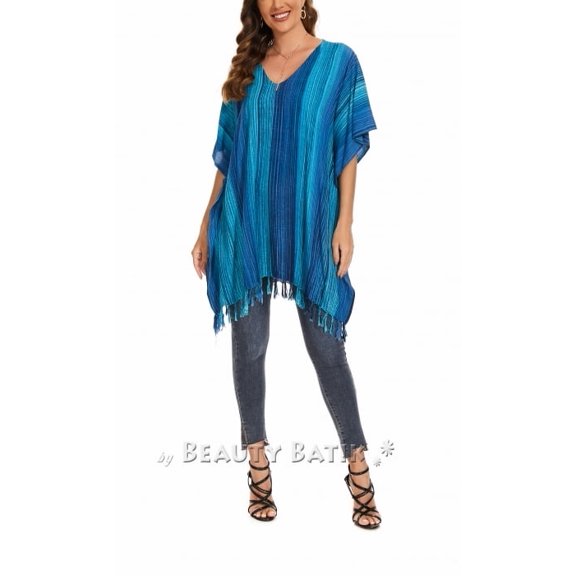 Beautybatik Blue Boho Stripe Caftan Women Tunic Top Blouse Plus Size 4X