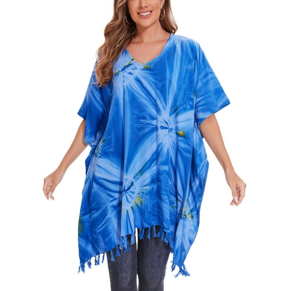 Beautybatik Blue Women Boho Hippie Tie Dye Plus Size Tunic Blouse Kaftan Top Xl