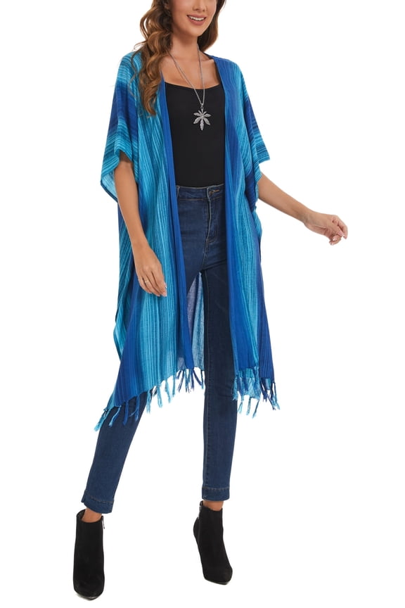 Blue Women HIPPIE Gypsy Stripe Printed Kimono Cardigan Shawl Wrap Swimsuit Cover Up Jacket One Size
