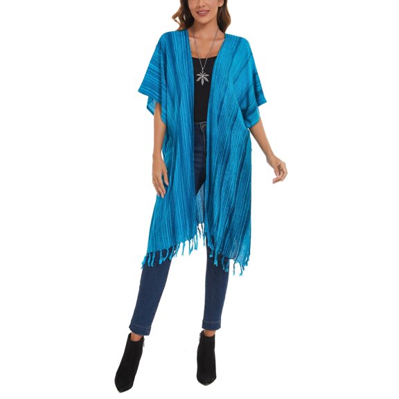 Beautybatik Blue Women HIPPIE Gypsy Stripe Printed Kimono Cardigan Shawl Wrap Swimsuit Cover Up Jacket One Size