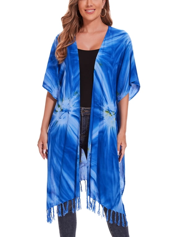 Blue Women HIPPIE Gypsy Tie Dye Kimono Cardigan Shawl Wrap Swimsuit Cover Up Jacket One Size