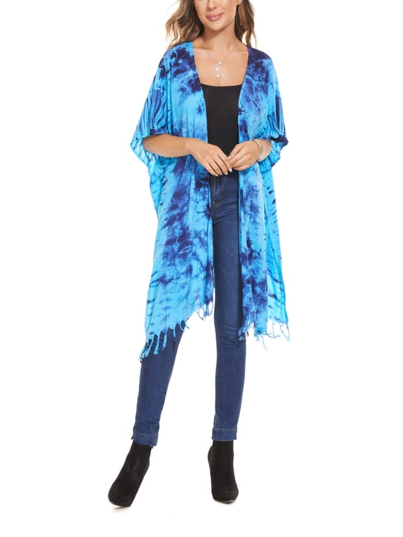 Blue Women HIPPIE Gypsy Tie Dye Kimono Cardigan Shawl Wrap Swimsuit Cover Up Jacket One Size