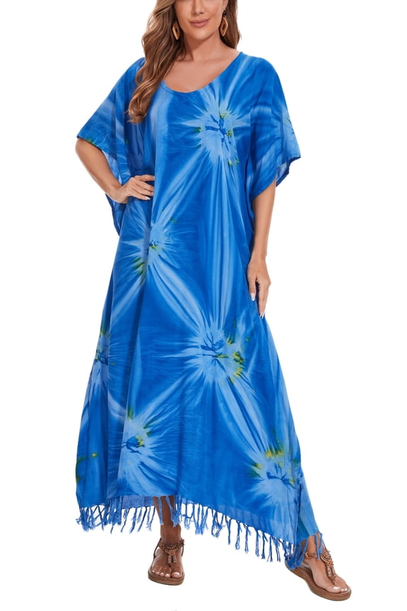 Blue Women Hippie Tie Dye Caftan Kaftan Loungewear Maxi Plus Size Long Dress 3X