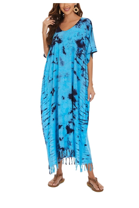 Blue Women Hippie Tie Dye Caftan Kaftan Loungewear Maxi Plus Size Long Dress 3X