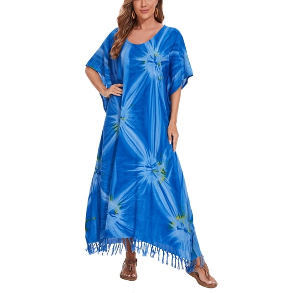 Beautybatik Blue Women Hippie Tie Dye Caftan Kaftan Loungewear Maxi Plus Size Long Dress 4X