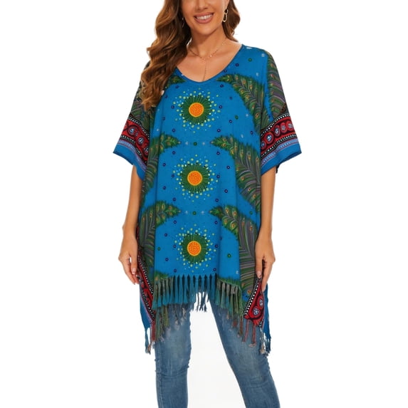 Beautybatik Blue Women Plus Size Tunic Tops Boho Flora Printed Short Sleeve V Neck Shirt 4x