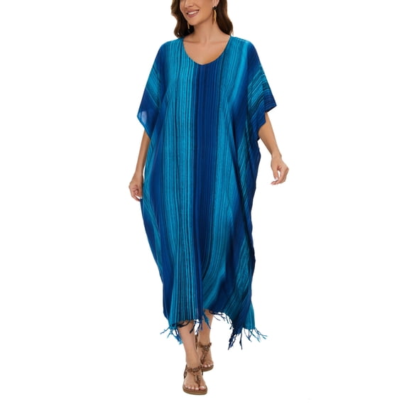 Beautybatik Blue Women Stripe Caftan Kaftan Loungewear Maxi Plus Size Long Dress 2X