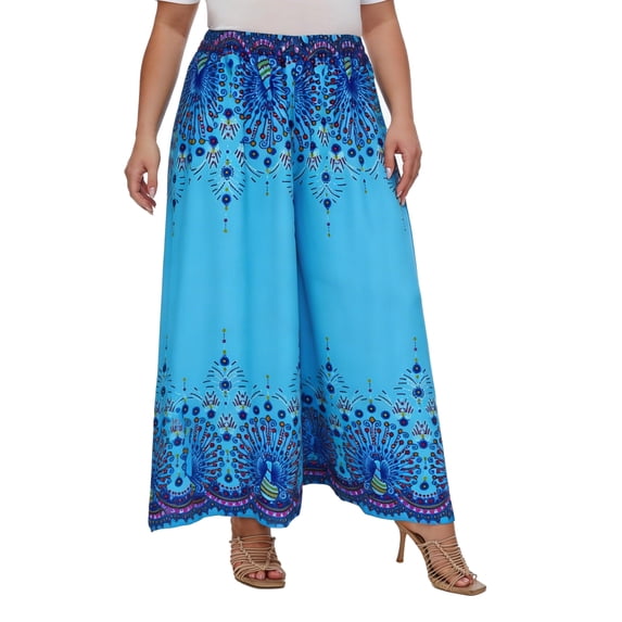 Beautybatik Blue Women Wide Leg Palazzo Pants Plus Size Hippie Bohemian Flora Printed 1x