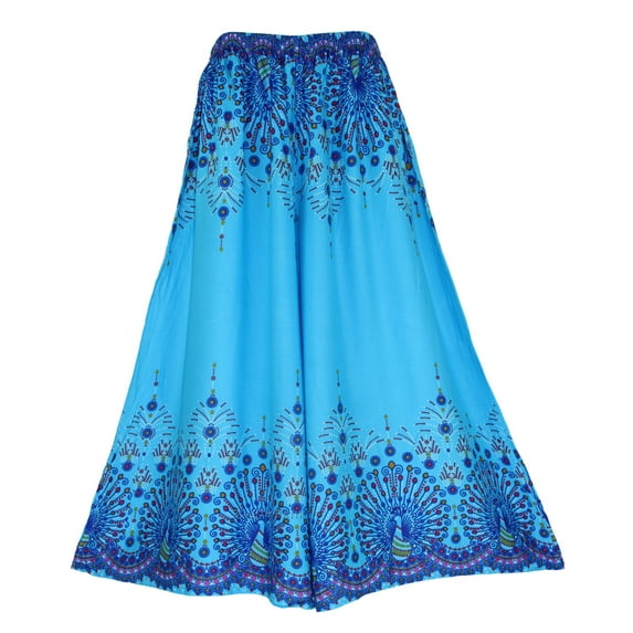 Beautybatik Blue Women Wide Leg Palazzo Pants Plus Size Hippie Bohemian Flora Printed 2X