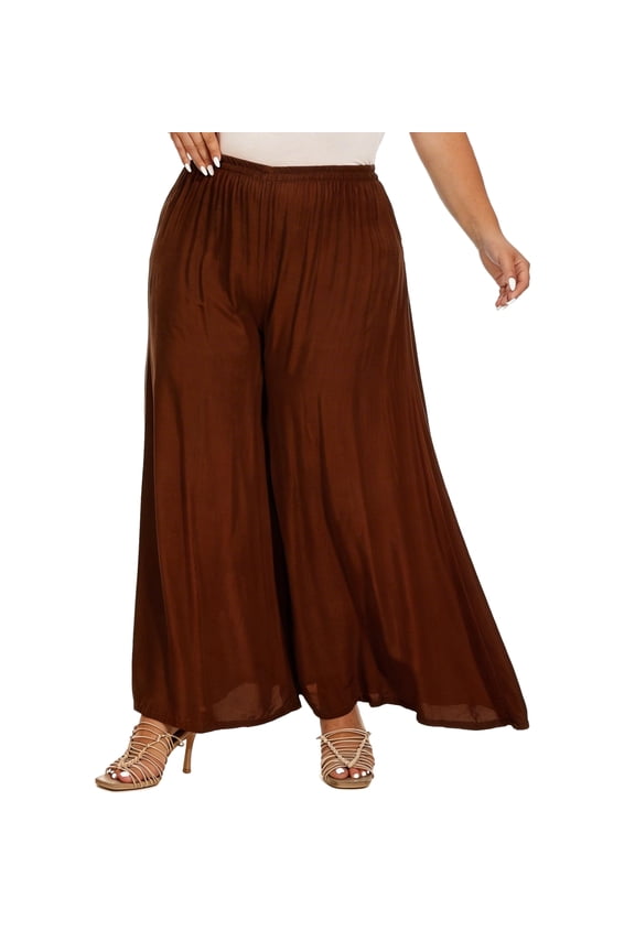 Brown Solid Rayon Women Flowy Loose Palazzo Wide Leg Flare Pants Trouser Plus Size 3X