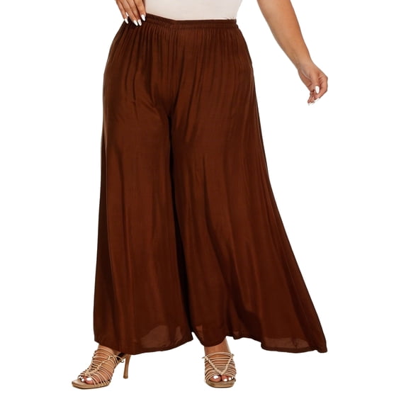 Beautybatik Brown Solid Rayon Women Flowy Loose Palazzo Wide Leg Flare Pants Trouser Plus Size 3X