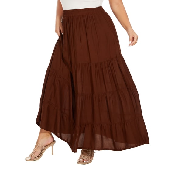 Beautybatik Brown Women Boho Gypsy Summer Elastic Waist Renaissance Maxi Flowy Long Tiered Plus Size Skirt 3X