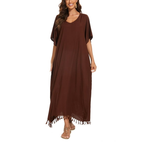 Beautybatik Brown Women Solid Caftan Kaftan Loungewear Maxi Plus Size Long Loose Dress 3X