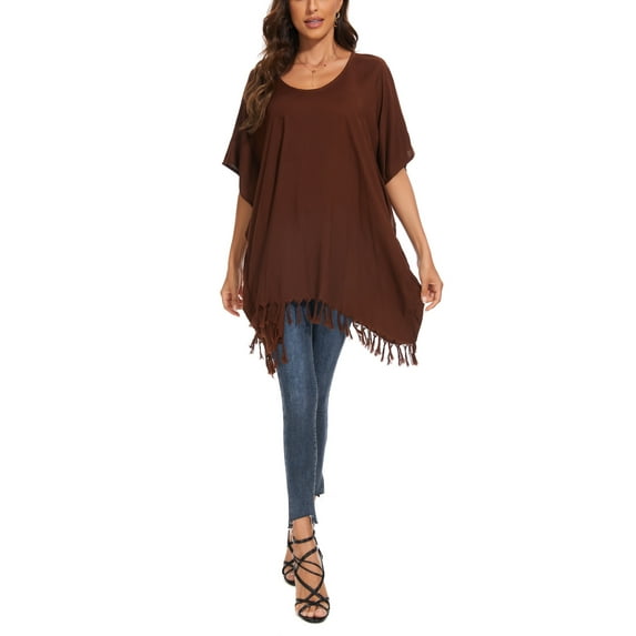 Beautybatik Brown Women Solid Tunic Blouse Kaftan V Loose Sleeve Top Plus Size 2X