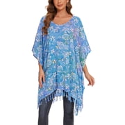 Beautybatik Cerulean blue Batik Caftan Boho Hippie Women Tunic Top Blouse Plus Size 1X