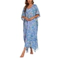 thumbnail image 1 of Beautybatik Cerulean blue Women Hand Blocked Batik Rayon Caftan Kaftan Loungewear Maxi Plus Size Long Dress 1X, 1 of 5