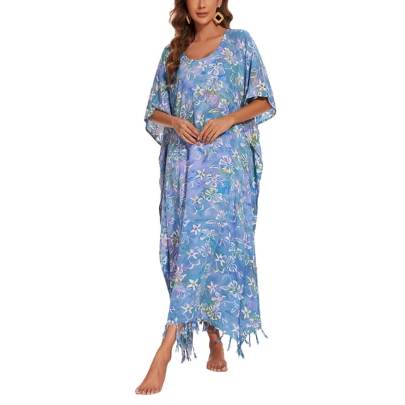 Beautybatik Cerulean blue Women Hand Blocked Batik Rayon Caftan Kaftan Loungewear Maxi Plus Size Long Dress 1X