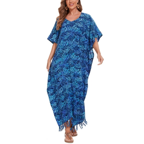 Beautybatik Cobalt blue Women Hand Blocked Batik Rayon Caftan Kaftan Loungewear Maxi Plus Size Long Dress 4X
