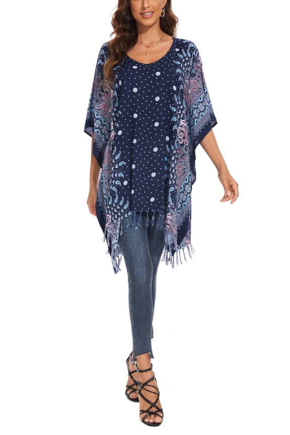 Dark Blue Women Plus Size Tunic Tops Boho Flora Printed Short Sleeve V Neck Shirt 3x