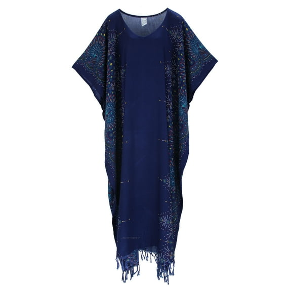 Beautybatik Dark blue Boho Flora Printed Women Plus Size Kaftan Kimono Loungewear Maxi Long Dress 4X