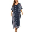 thumbnail image 1 of Beautybatik Dark blue Boho Flora Printed Women Plus Size Kaftan Kimono Loungewear Maxi Long Dress XL, 1 of 5