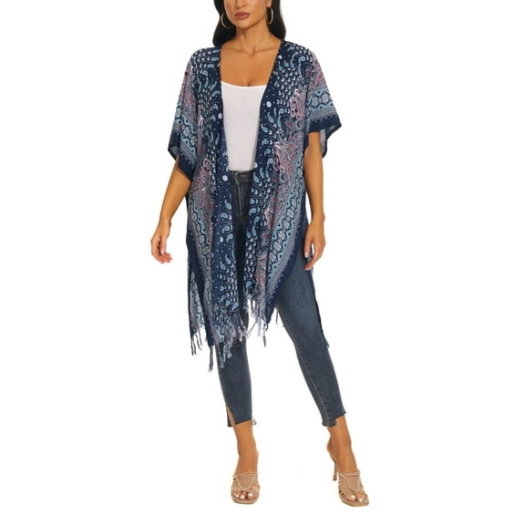 Beautybatik Dark blue Women HIPPIE Gypsy Boho Printed Kimono Cardigan Shawl Wrap Swimsuit Cover Up Jacket One Size