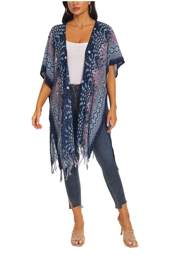 Dark blue Women HIPPIE Gypsy Boho Printed Kimono Cardigan Shawl Wrap Swimsuit Cover Up Jacket One Size