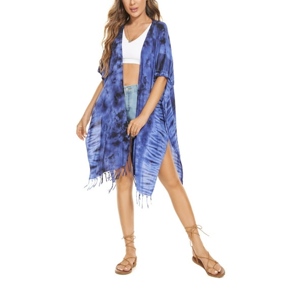 Beautybatik Dark blue Women HIPPIE Gypsy Tie Dye Kimono Cardigan Shawl Wrap Swimsuit Cover Up Jacket One Size