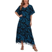 Beautybatik Dark blue Women Hand Blocked Batik Rayon Caftan Kaftan Loungewear Maxi Plus Size Long Dress 3X