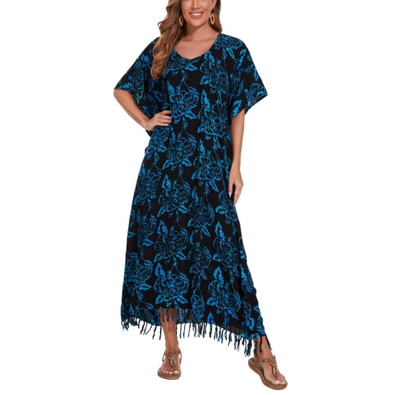 Beautybatik Dark blue Women Hand Blocked Batik Rayon Caftan Kaftan Loungewear Maxi Plus Size Long Dress 4X